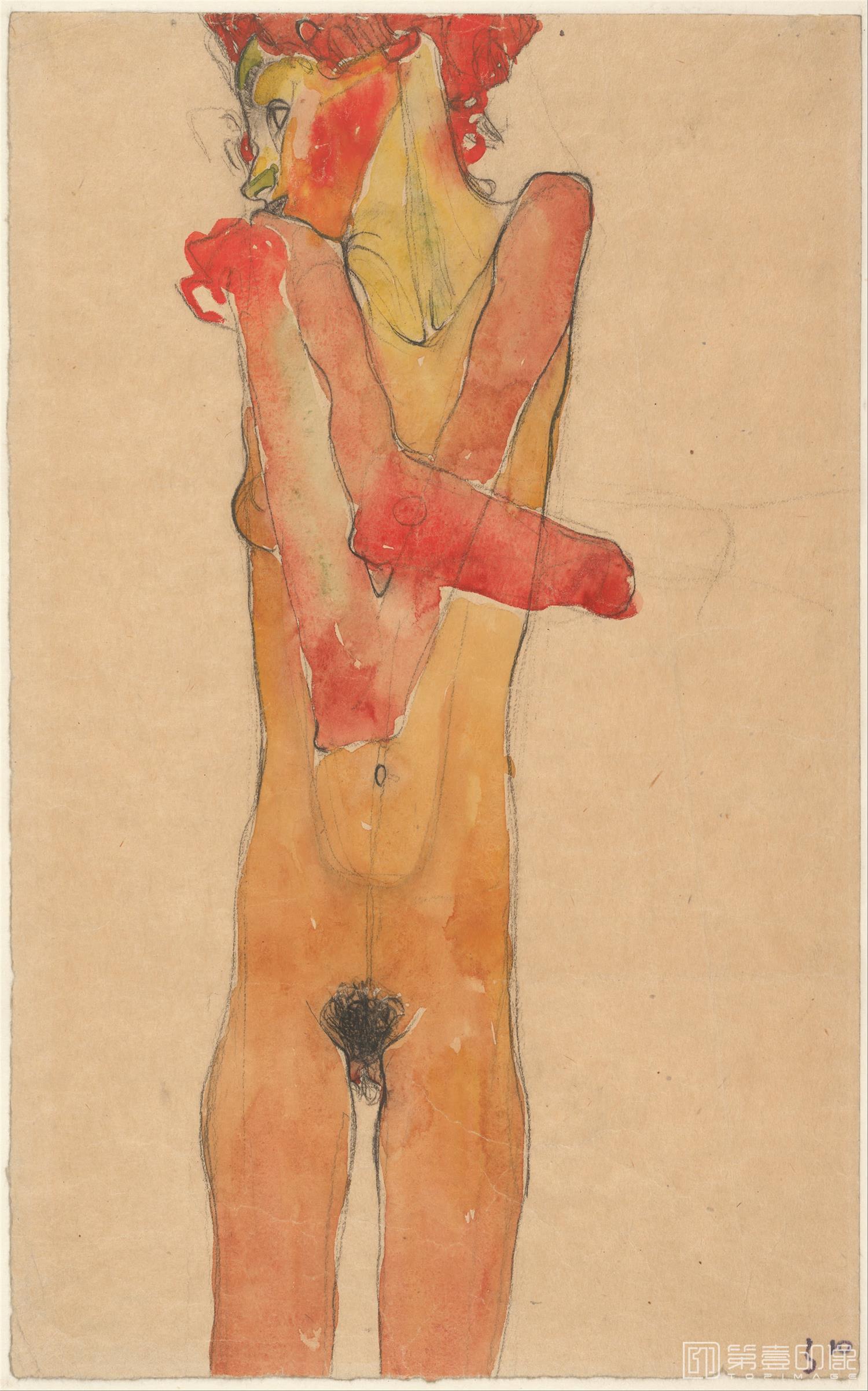 速写-奥地利维也纳阿尔贝蒂娜博物馆-Egon Schiele–Girl Nude with Folded Arms -045